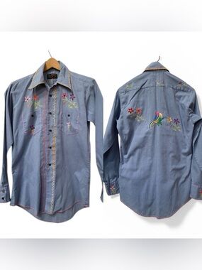 Vintage 70s Sears Embroidered Chambray Western Shirt Denim Bird hippie S M